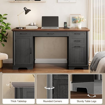 ONBRILL 58" Modern Home Office Desk with 5 Drawers and 1 Cabinet, Black