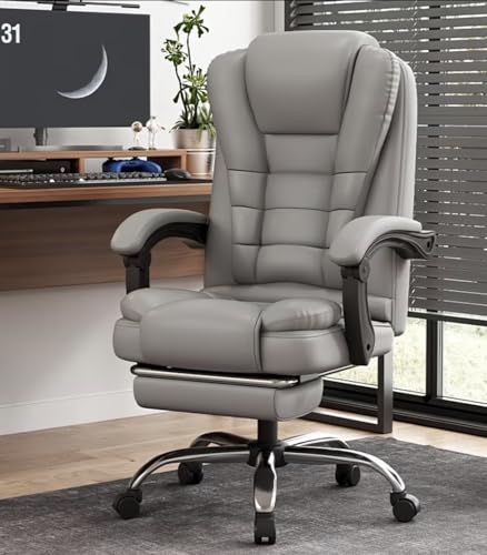 Executive Office Chair, High Back Reclining Swivel Computer Chair with Footrest, Gray Faux Leather, Adjustable Height (Grey)