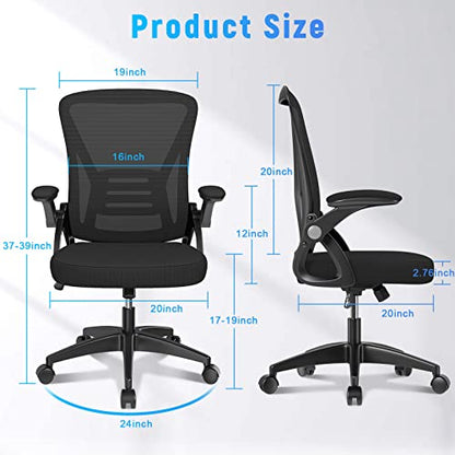 naspaluro Home Office Desk Chair Mid Back with Adjustable Height Dark Black | Comfy Ergonomic Chair with Flip-Up Arm and Lumbar Support, Breathable Mesh Swivel Computer Chair for Study Working Teacher - color: Dark Black