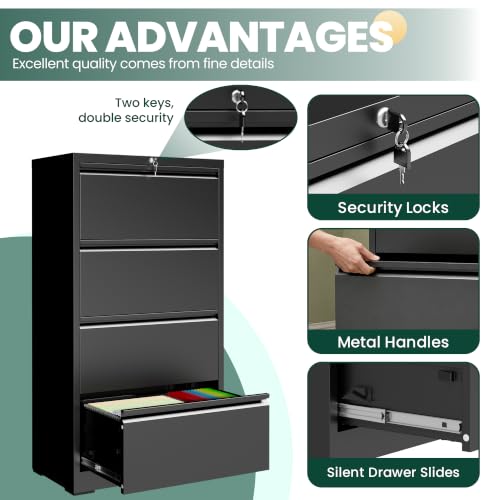 4 Drawer Lateral File Cabinet with Lock, File Cabinet for Home Office,Black | Heavy-Duty Steel Locking File Cabinet, Hanging Letter/Legal/A4 Size, Full-Extension Silent Drawer, Un-Assembly - color: Black, size: 4 Drawers