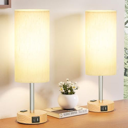 Fenmzee Small Touch Table Lamps Set of 2-3-Way Dimmable, USB A + C Charging, AC Outlet, Wood Grain Base, Bulbs Included - color: Cream - Wood Grain 2, size: 14" Touch Control