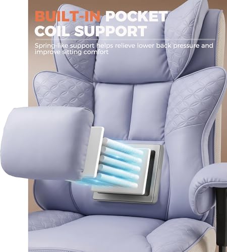 GTPLAYER Big and Tall Office Chair Wide Ergonomic Gaming Chair with Deluxe Embossing Designed Leather with Foot Rest,150°Reclining Adjustable Soft Armrests Pocket Spring Back Support and Pillow - color: Pu-purple