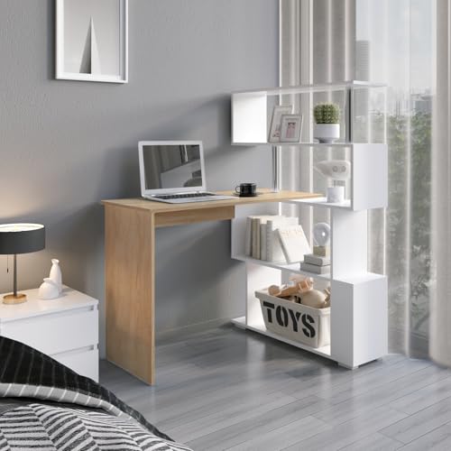 Mondeer 41.7" L-Shaped Desk with 4-Tier Shelves for Home Office - color: White and Wood