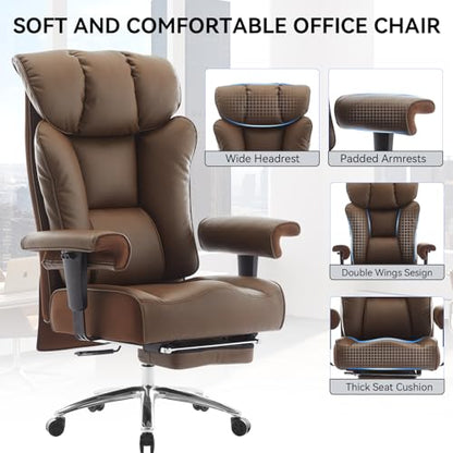 Efomao Big and Tall Office Chair 400lbs - Heavy Duty Executive Desk Chair with Foot Rest & 23" Wide Seat - High Back Ergonomic Leather Computer Chair for Heavy People, Home Office, Brown - color: 3060-brown