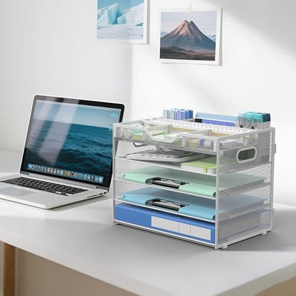 Docnest 5 Tier Mesh Desk Organizer with Removable Tray&Pen Holder, White - color: White, size: 12.6"x9.1"x10.3"