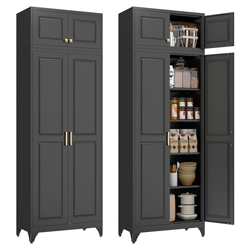 Polup 90" Pantry Cabinet, Tall Metal Storage Cabinet with Doors and Shelves | Black Kitchen Cabinet, 5 Adjustable Shelving, Heavy-Duty, 2 Gold Handles, 4 Standing Feet, for Dining Room Garage & Laundry - color: Black, size: 90"H with No Drawers