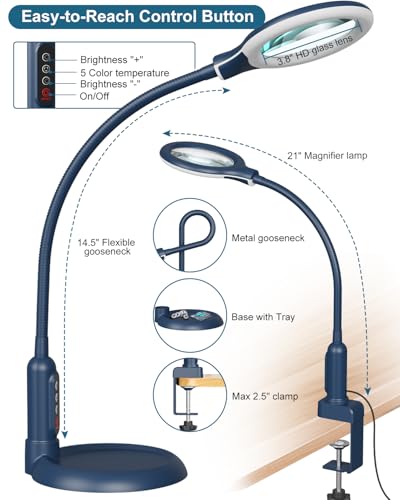 12X Magnifying Glass with Light and Stand, Real Glass, LED 5 Color Modes, Brightness Stepless Dimming Lighted Magnifier Hands Free, Flexible Gooseneck Desk Lamp with Clamp for Close Work, Craft, Blue - color: Blue