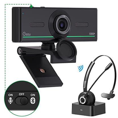 Gsou Webcam with Headset and Microphone, 1080P Webcam with Privacy Cover, Plug and Play Web Camera for Desktop Computer Zoom Meetings, Audio Bluetooth only for Headset - color: Webcam+Headset