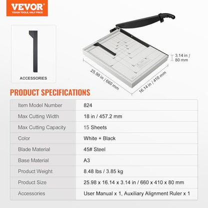 VEVOR Paper Cutter, 18 in Cut Length Guillotine Trimmer, 15-Sheet Capacity, Heavy-Duty Paper Cutter with Security Guard Rail/Blade Lock, Paper Trimmer for Cardstock, Cardboard, Home, Office & School - size: 18" 15-Sheet
