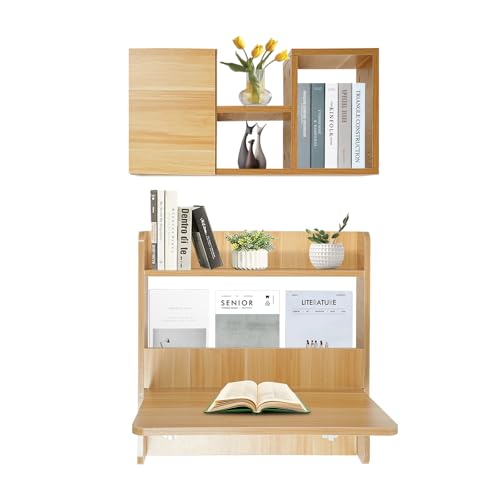 Floating Desk, 24" Wall Mounted Folding Desk with Bookshelf Folding Wall Desks Space Saving Workstation with Storage Shelves for Home Office Bedroom Study Room Small Space - color: Light Walnut Color