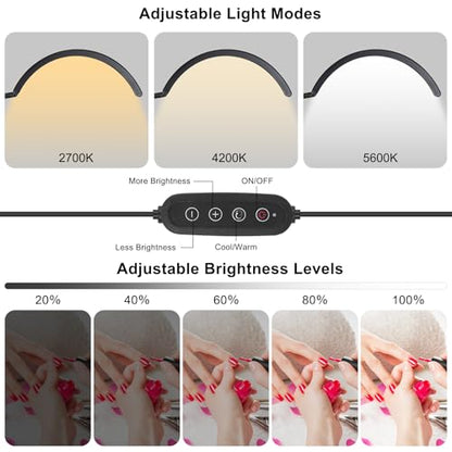 Half Moon Light for Nail Desk: Dual Arm Half Moon Desk Lamp with 4X Magnifier for Beginner-Arch Nail Tech Light with 3 Color Modes & 10 Brightness Levels for Manicure Salon, Eyelash Extensions, Tattoo
