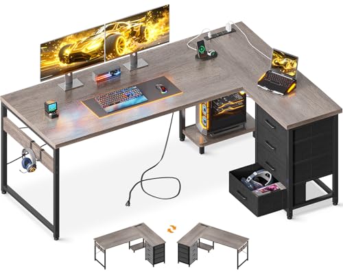 AODK 61" L Shaped Gaming Desk with 4 Drawers and Power Outlets, Grey | USB Ports, PC Tower Stand, Hooks, Reversible Corner Layout for Gaming Rooms, Bedrooms and Home Office - color: Grey, size: 61 Inch