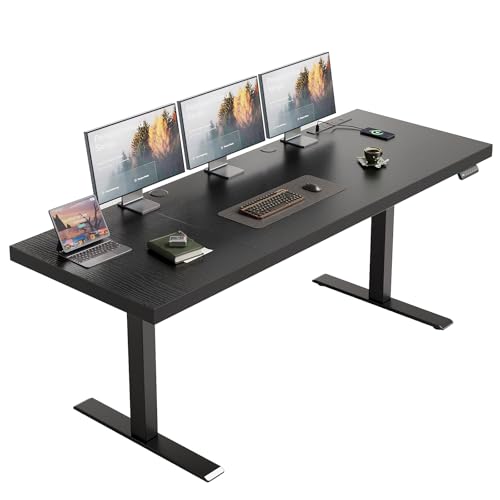 OffiGo 71 Inch Executive Electric Standing Desk Height Adjustable, Black | 1.38" Thick 3-Panel Desktop, Power Outlets, 3 Memory Presets, Dual-Beam Frame for Home Office, Workstation, Conference Room - color: Black, size: 71 Inch