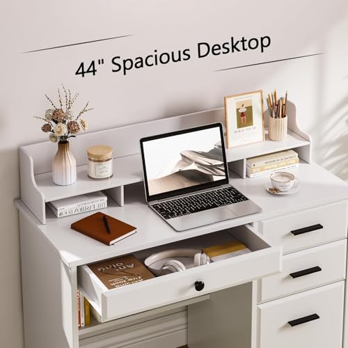 4 EVER WINNER White Desk with Drawers, Small Desk with File Drawer for Small Spaces, Writing Desk with Monitor Stand Wood Table for Study Home Office, White - color: White