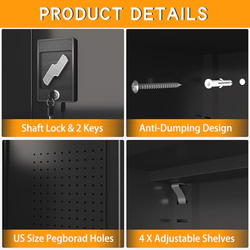 Upgraded Tall & Wide Metal Storage Cabinet with Doors & 4 Adjustable Shelves | Heavy-Duty Black Lockable Garage Cabinet with Wheels & Pegboard for Office, Gym, Basement, Warehouse (Black) - color: Black- Large