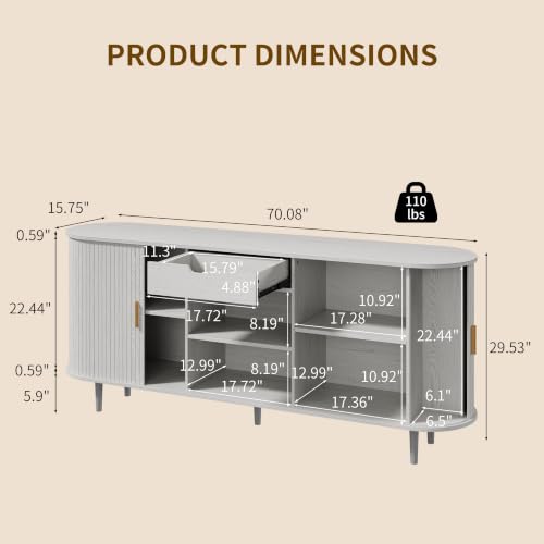 71" Sideboard Buffet Cabinet with Storage,Large Credenza with Sliding Doors and 1 Drawer,Mid Century Modern Coffee Bar Cabinet with Adjustable Shelves for Dining Room, Kitchen, Living Room (White) - color: Grayish White, size: 71 Inch
