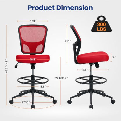 Armless Office Chair, Tall Ergonomic Chair for Standing Desk, Adjustable Height Mesh Computer Chair with Foot Ring & Wheels, Rolling Drafting Chair for Home Office - color: Red