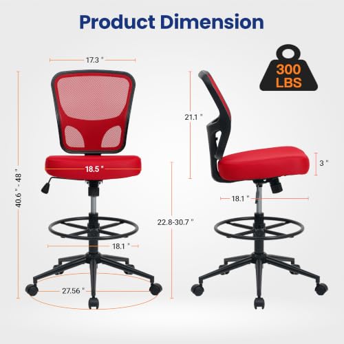Armless Office Chair, Tall Ergonomic Chair for Standing Desk, Adjustable Height Mesh Computer Chair with Foot Ring & Wheels, Rolling Drafting Chair for Home Office - color: Red