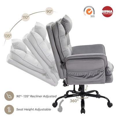 Bestier Criss Cross Chair with Wheels, Wide Desk Chair Velvet Grey | 135° Reclining Swivel Executive Chair with Flip-Up Armrests and Headrest, Big and Tall Computer Desk Chair with Side Pockets - color: Grey Velvet, size: High Back