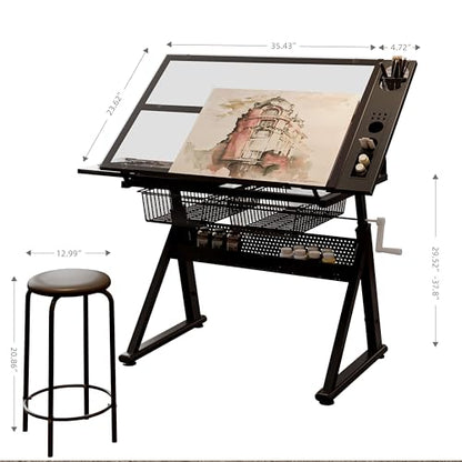 Hand Crank Lifting Drawing Table Black Tempered Glass Metal Workstation, 0-70° Tilt Adjustable Drafting Printing Desk with Metal Drawers & Support Chair for Indoor Study Bedroom Living Room