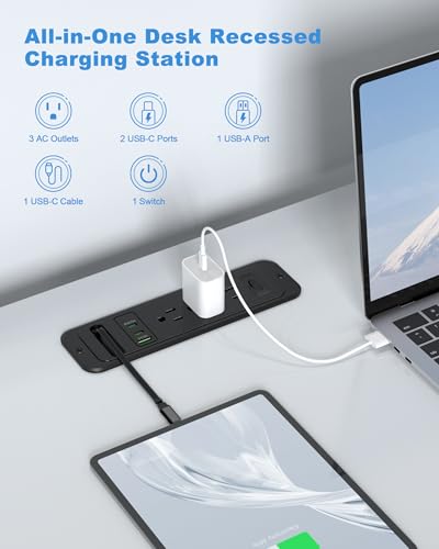 Recessed Power Strip with Retractable USB C Cable,2 PD 20W USB C,Flush Mount Countertop Drawer Outlet, Furniture Hidden Outlet for Side Table,End Table,3 Outlets (Black, 6FT-20W USB) - color: Black, size: 6FT-20W USB