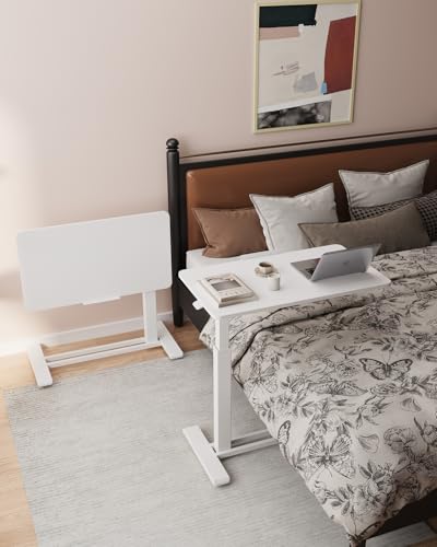 FLEXISPOT H7 PRO 90° Tiltable Mobile Overbed Table with Pneumatic Lift,32'' | Full foldable bedside table with adjustable desktop for laptop, Rolling Computer Cart and bed sofa.31.5" W x 17.7" D,White - color: White, size: 32x18