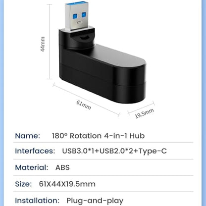 VIENON 4-Port USB 3.0 Hub [90°/180° Degree Rotatable], USB Splitter with PD-in 5W USB C Port, USB Extender for Laptop, Car, iMac, MacBook Air, MacBook Pro, and More - style: USB 3.0 Hub