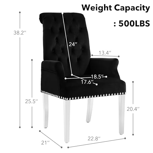 LOULENS Velvet Dining Chairs Set of 2, Dining Chairs with Arms, Black | Upholstered, High Back, Tufted, Luxurious, Stainless Steel Leg, for Kitchen & Dining Room - color: Black, size: 2 PCS