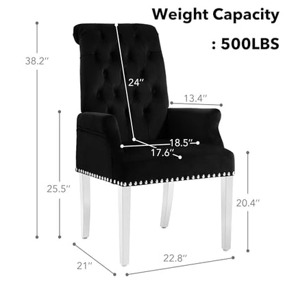 LOULENS Velvet Dining Chairs Set of 2, Dining Chairs with Arms, Black | Upholstered, High Back, Tufted, Luxurious, Stainless Steel Leg, for Kitchen & Dining Room - color: Black, size: 2 PCS