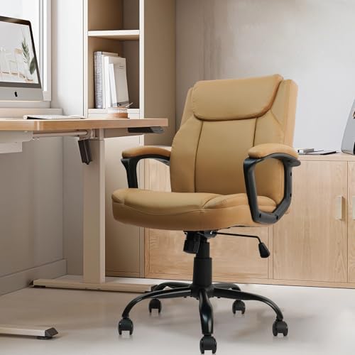 CLATINA Brown Office Computer Chair PU Leather Executive Swivel Adjustable Height Chairs with Upholstery Fixed armrest Mid-Back Leather Thick Cushion Office Chair Brown 4Pack - color: Brown_1, size: 4 Pack