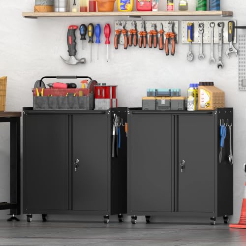 Metal Cabinet with Wheels, Steel Cabine with Locking Doors, Small Cabinet with Adjustable Shelf, Tool Cabinets for Garage, Suitable for Home Office, Garage, Office - color: 32"h - Black