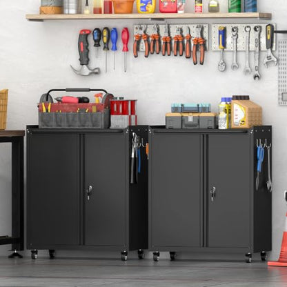 Metal Cabinet with Wheels, Steel Cabine with Locking Doors, Small Cabinet with Adjustable Shelf, Tool Cabinets for Garage, Suitable for Home Office, Garage, Office - color: 32"h - Black