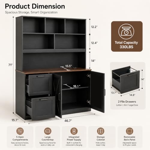 NORTHSKY 72" Tall Bookshelf with Drawers & Doors, Bookcase with Power Outlet and File Cabinet, Office Bookshelf with 2 File Drawers, Open Shelves & Storage Cabinets for Home Office, Black
