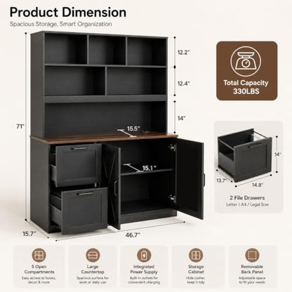 NORTHSKY 72" Tall Bookshelf with Drawers & Doors, Bookcase with Power Outlet and File Cabinet, Office Bookshelf with 2 File Drawers, Open Shelves & Storage Cabinets for Home Office, Black