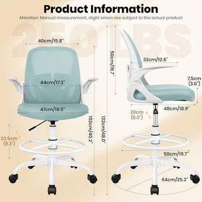 Primy Drafting Chair Tall Office Chair with Flip-up Armrests Executive Ergonomic Computer Standing Desk Chair with Lumbar Support and Adjustable Footrest Ring（Light Blue） - color: Light Blue, size: 934-Z