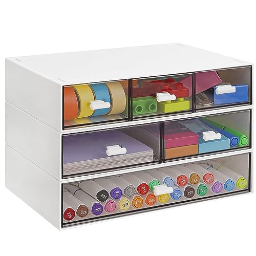 3 Tier Stackable Desk Organizer with 6 Drawers, YOCOMEY Plastic Desktop Storage Box Drawers, Detachable Makeup Storage Office Stationery Supplies Organizer for Office School(New White) - color: New White