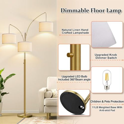 Dimmable Floor Lamp, 3 Lights Brass Arc Floor Lamp, Modern Tall Standing Tree Lamp with Beige Linen Shades & Heavy Base, 3000LM LED Bulbs, Bright Lighting for Living Room, Bedroom, Office & Reading - color: Brass-White Shade
