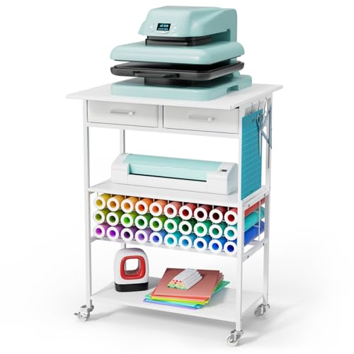 Homsorout Movable Heat Press Table with Drawer & Hooks, 23.6''×19.6'' - style: White