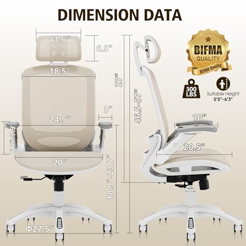 GABRYLLY Ergonomic Office Chair, High Back Home Desk Chair with Headrest, Flip-Up Arms, 90-120° Tilt Lock and Wide Cushion, 300LBS Mesh Chairs for Man Woman, White Task Chair(Beige,GY01WBG) - color: White Frame Beige Mesh