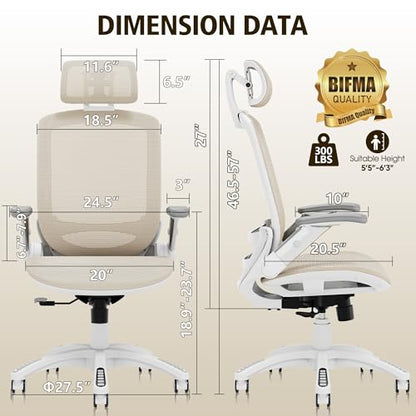 GABRYLLY Ergonomic Office Chair, High Back Home Desk Chair with Headrest, Flip-Up Arms, 90-120° Tilt Lock and Wide Cushion, 300LBS Mesh Chairs for Man Woman, White Task Chair(Beige,GY01WBG) - color: White Frame Beige Mesh