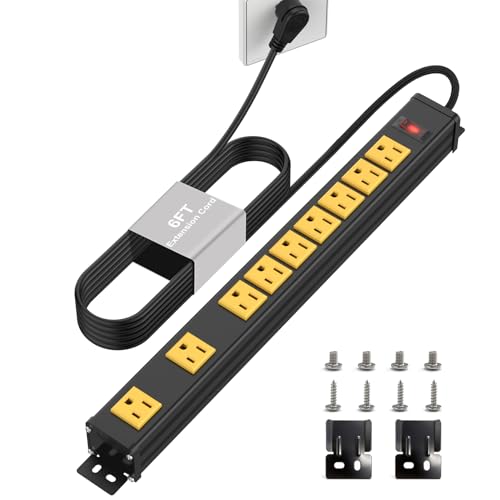 9 Outlet Wall Mount Metal Power Strip, 2 Extra-Wide (2.55IN) and 7 Standard Spaced Outlets, Flat Plug Extension Cord 6FT 14AWG with Switch, 15A 1875W ETL Listed for Garage, Workshop, Home - size: 9 Outlets Wide