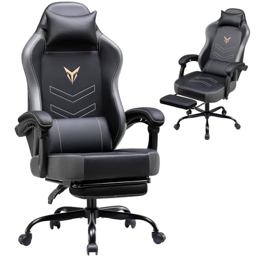 GTPLAYER Gaming Chair, Office Chair High Back Computer Chair with Foot Rest for Adults, Leather Desk Chair Executive Ergonomic Height Adjustable with Headrest and Lumbar Support, 300lbs Grey - color: Grey