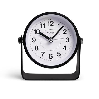 TIMESS Analog Alarm Clock with Snooze & Light, Silent Non-Ticking, Black | On-demand light, quartz movement, battery operated, easy to set, gentle wake alarm, bedside clock for home, travel, or office - color: Black