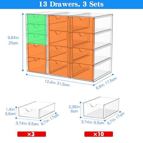 ARSTPEOE Acrylic 13-Drawer Storage & Makeup Organizer for Desk, Bath | Smooth-glide drawers, clear acrylic, stackable, dustproof, wipe-clean, for eyeliners, lip liners, markers, push pins,pen - size: 13 Drawers