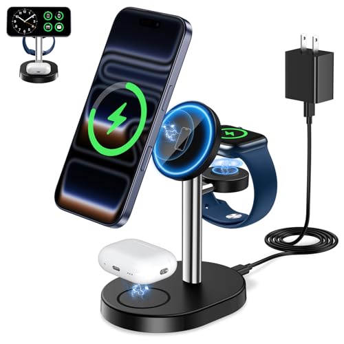 Hevanto 2026 3 in 1 Wireless Charging Station for Apple MagSafe Charger, 15W Fast Magnetic Mag-Safe Charger Stand for iPhone 17 16 15 14 13 12 Apple Watch AirPods Compatible with MagSafe, Silver&Black - color: Silver&Black, size: 15W