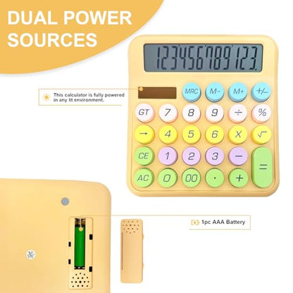 Cute Desktop Calculator, 12 Digits Large Calculator with Clear LCD Display and Large Button, Solar/Battery Powered, Basic Calculator for Business, Office, Home, School, Class (Khaki)