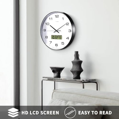 Wall Clock, 10" Dial Non-Ticking Silent Battery Operated Analog with LCD Display for Perpetual Calendar and F° Temperature, Ideal Modern Home, Bedroom, Kitchen, Office Decor (Black) | Perpetual calendar, Fahrenheit temperature, easy-to-read analog dial, b