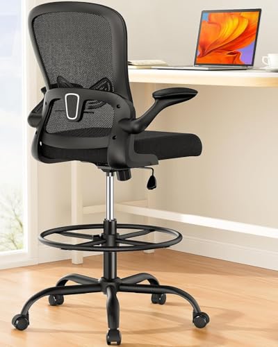 ErGear Drafting Chair with Footrest Ring and Flip-Up Arms for Tall Desks | 8 inch seat height adjustment, lumbar support, 33% thicker seat, breathable mesh, 300 lbs capacity, standing desk use - color: Black