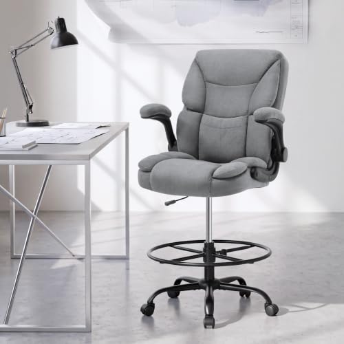 500LBS Drafting Chair, High Back Safer Standing Desk Chair, Executive Tall Office Chair with Flip-up Armrests, Upholstered Fabric Task Chair,Ergonomic Seat with Adjustable Height&Foot Ring,Light Gray - color: Light Gray