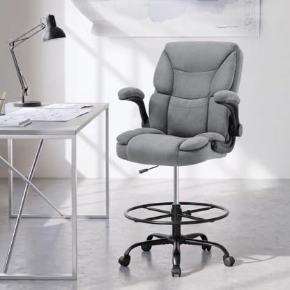 500LBS Drafting Chair, High Back Safer Standing Desk Chair, Executive Tall Office Chair with Flip-up Armrests, Upholstered Fabric Task Chair,Ergonomic Seat with Adjustable Height&Foot Ring,Light Gray - color: Light Gray